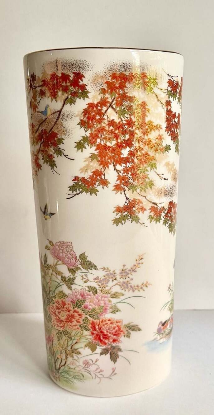 Shibata Japan Porcelain Vase Floral Bird Design 6" Tall White Ceramic